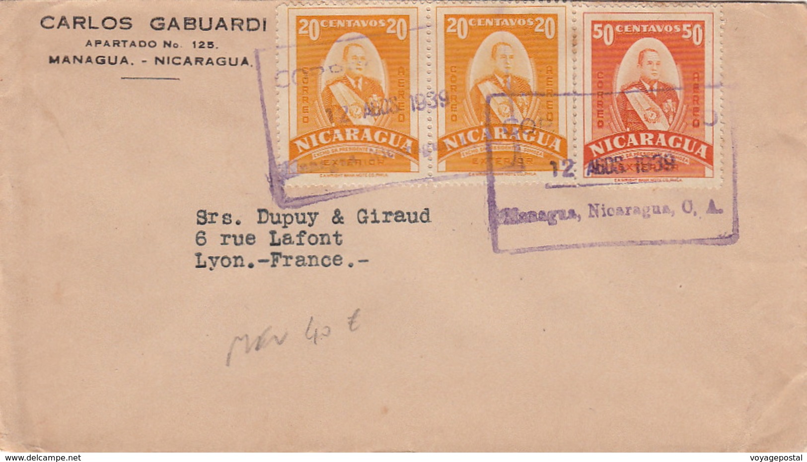 Lettre Managua Nicaragua 20x2&50 Centavos Pour La France Cover - Nicaragua