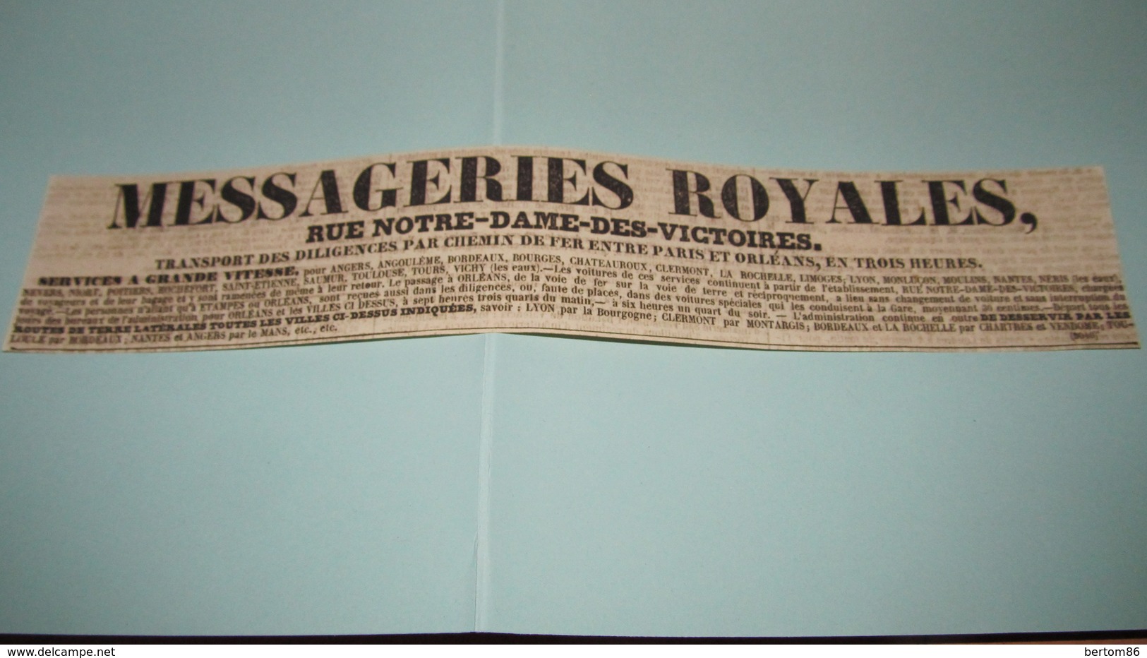 MESSAGERIES ROYALES - DILIGENCES PAR CHEMIN DE FER ENTRE PARIS ET ORLEANS EN TROIS HEURES - 1843 ( JOURNAL LA PRESSE.) - Publicidad