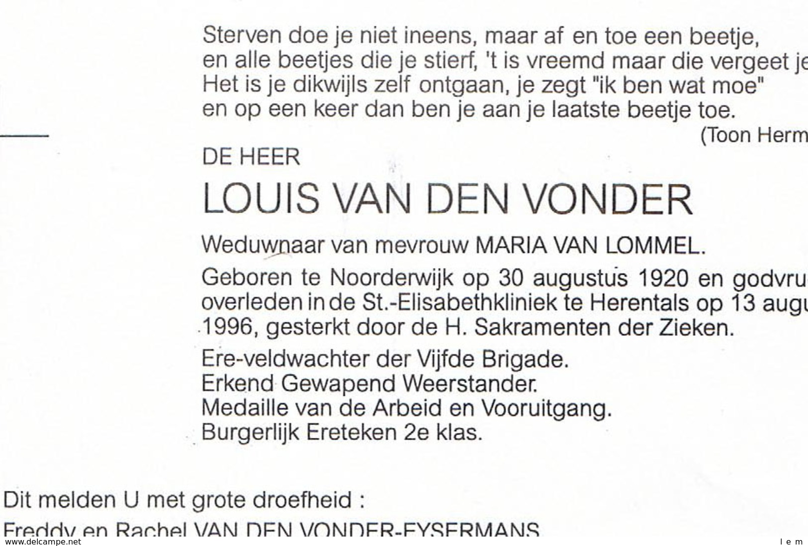 Doodsbrief Van Den Vonder Louis (x Maria Van Lommel) , Noorderwijk 1920 - Herentals 1996 , Veldwachter, Weerstander - Religion & Esotérisme