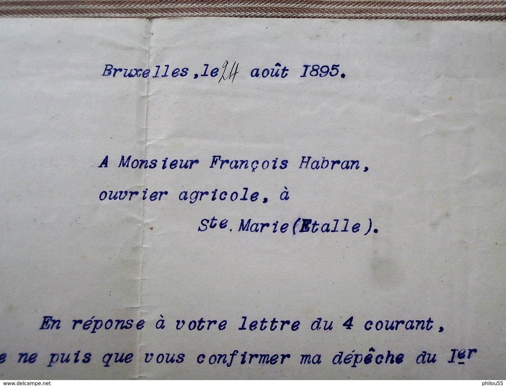 Lettre BRUXELLES Pour Sainte Marie (Etalle) Ministere Des CHEMINS DE FER  POSTES ET TELEGRAPHES DE L ETAT - 1800 – 1899