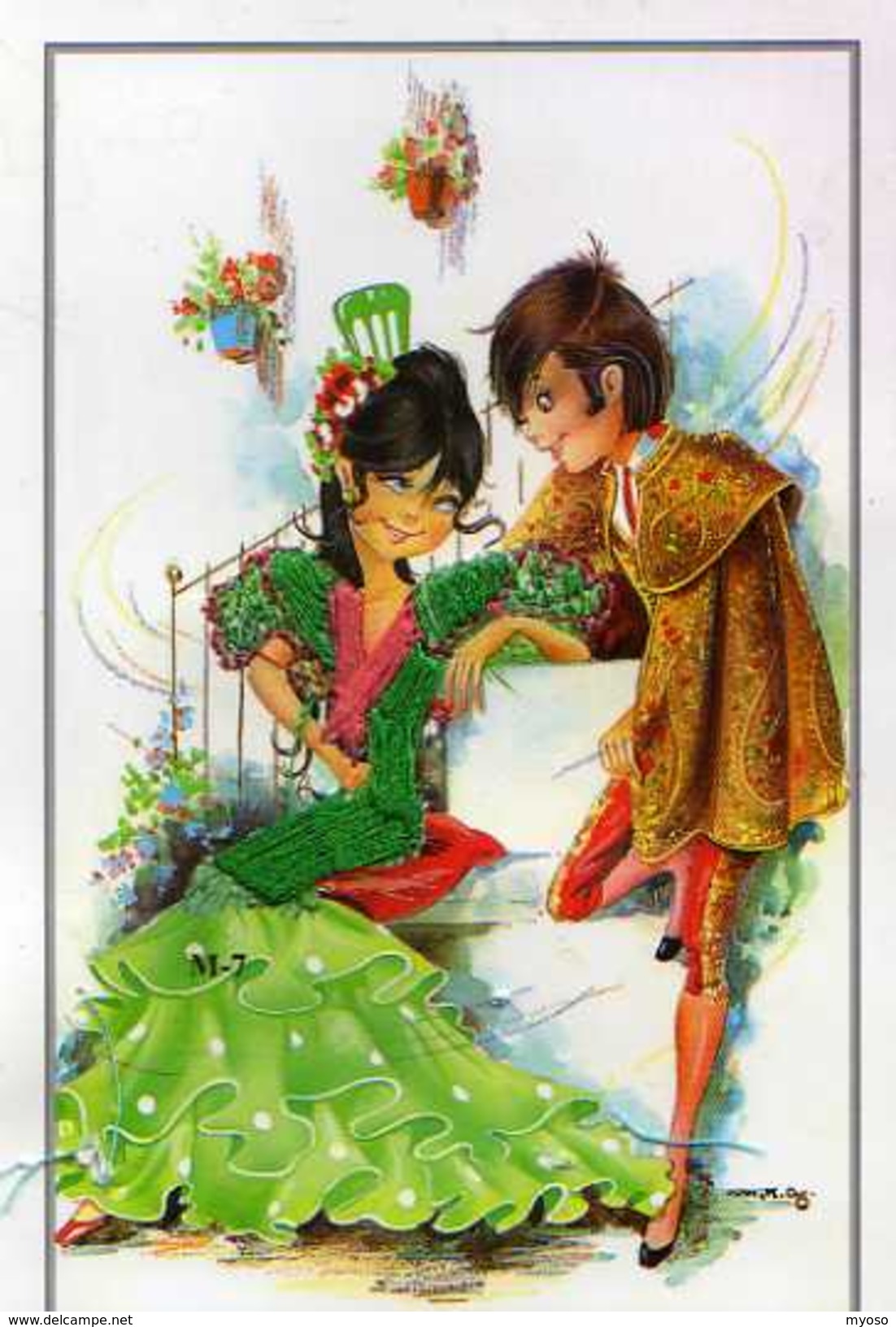 Carte Brodee, Couple De Jeunes Espagnols, Illustrateur - Embroidered