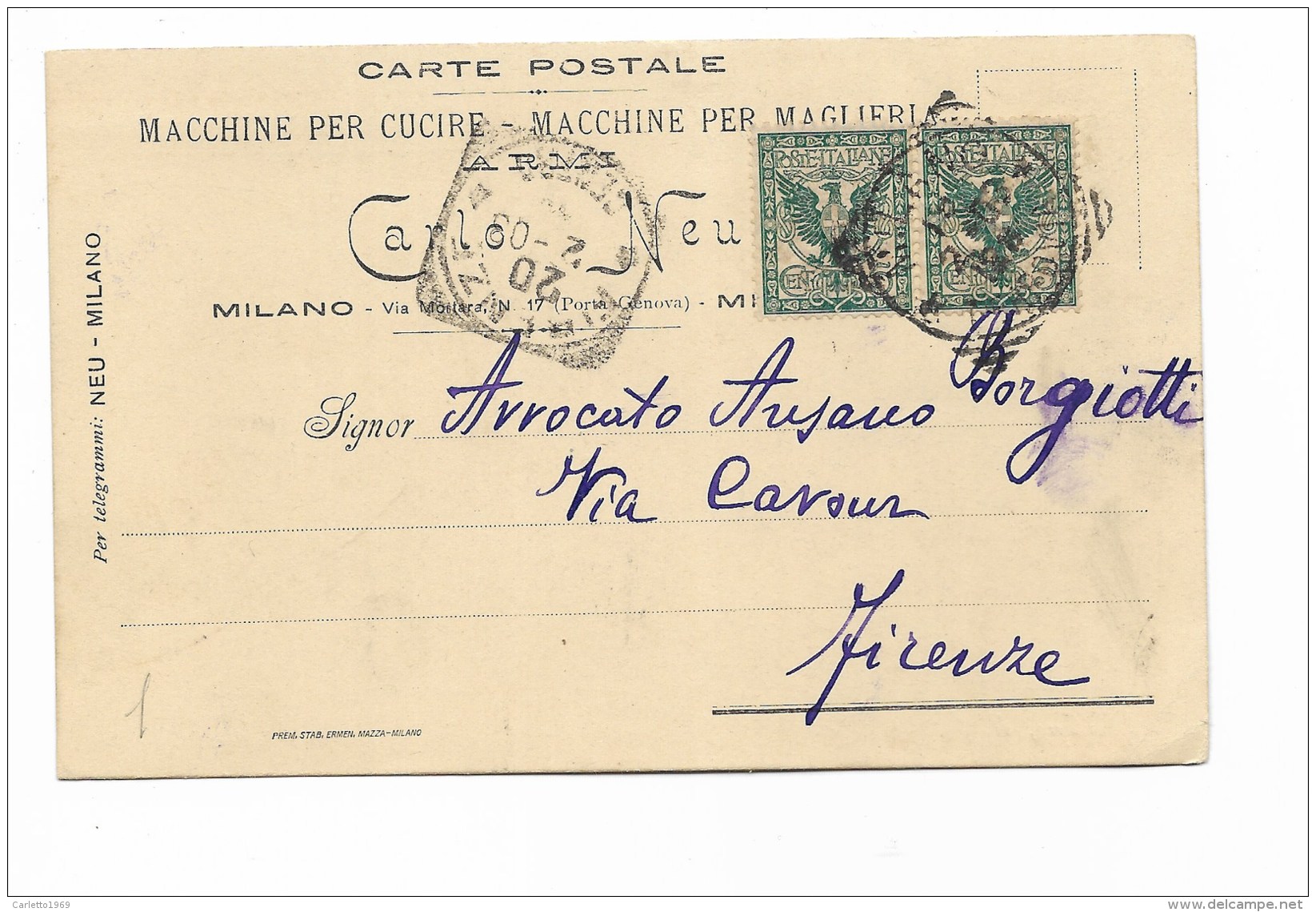 Francobolli 5 Centesimi Aquila Sabauda Su Carta Postale - Poststempel