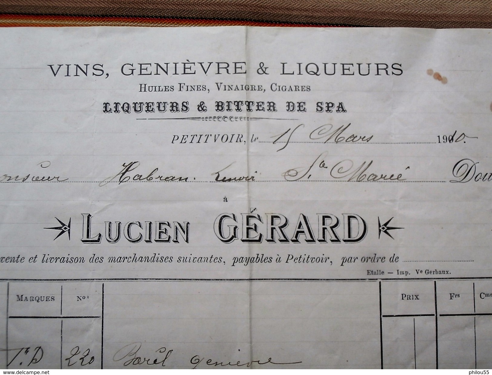 Facture PETITVOIR VINS GENIEVRE LIQUEURS CIGARES... Lucien GERARD - Luxembourg