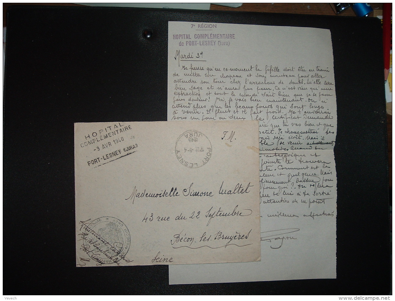 LETTRE OBL. HOROPLAN 9 4 1940 PORT LESNEY JURA (39) HOPITAL COMPLEMENTAIRE 9 AVR 1940 PORT-LESNEY (JURA) - Guerre De 1939-45