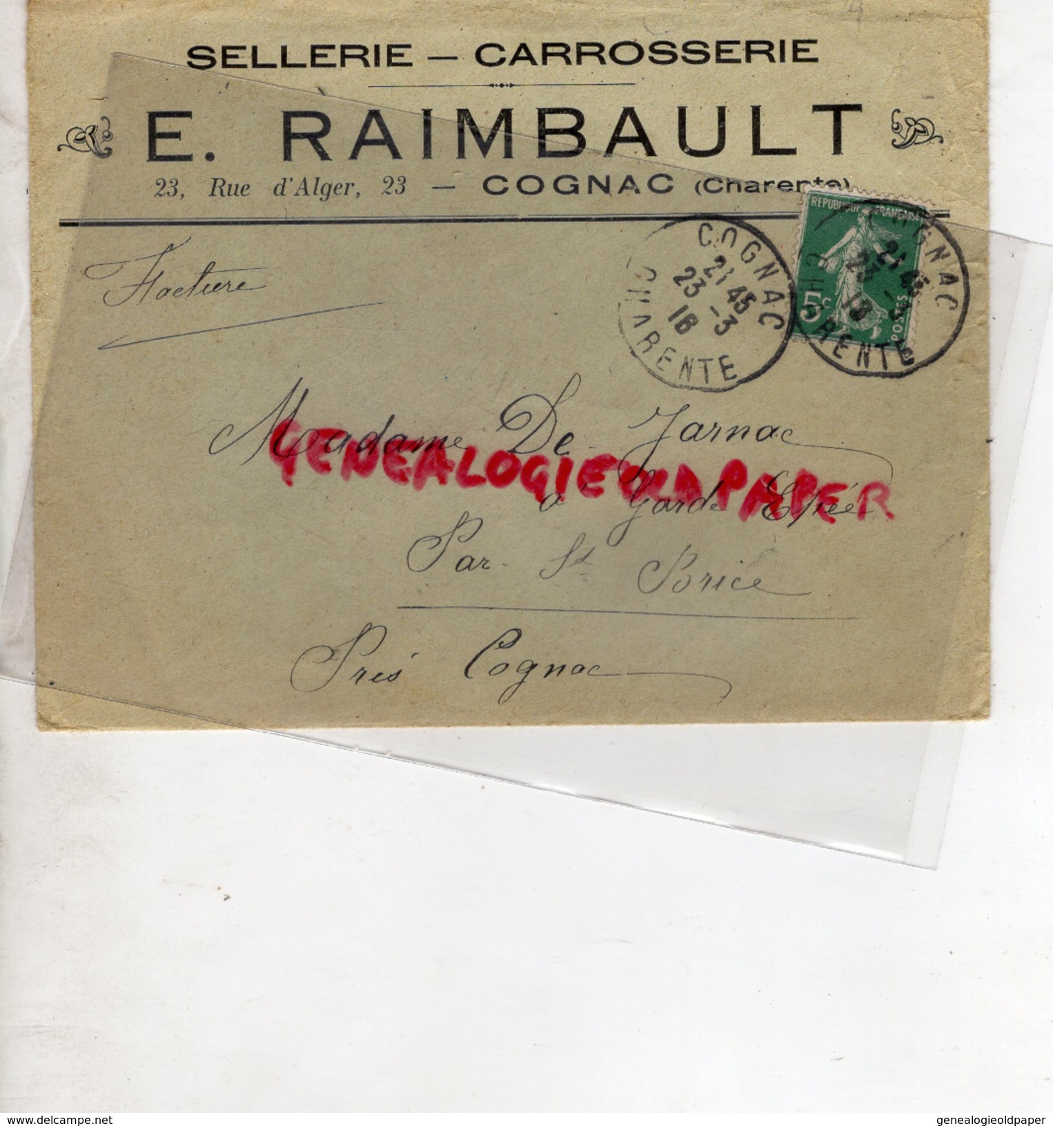 16 - COGNAC - ENVELOPPE E. RAIMBAULT - 23 RUE D' ALGER- SELLERIE  CARROSSERIE- 1916 - Petits Métiers