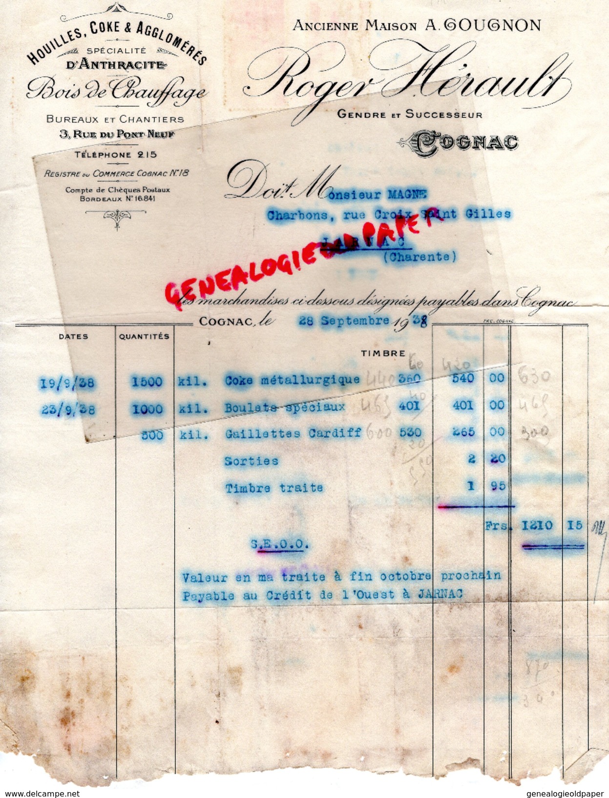 16 - COGNAC - FACTURE ROGER HERAULT - MAISON A. GOUGNON- HOUILLES COKE - ANTHRACITE BOIS CHAUFFAGE-3 RUE PONT NEUF- 1938 - Petits Métiers