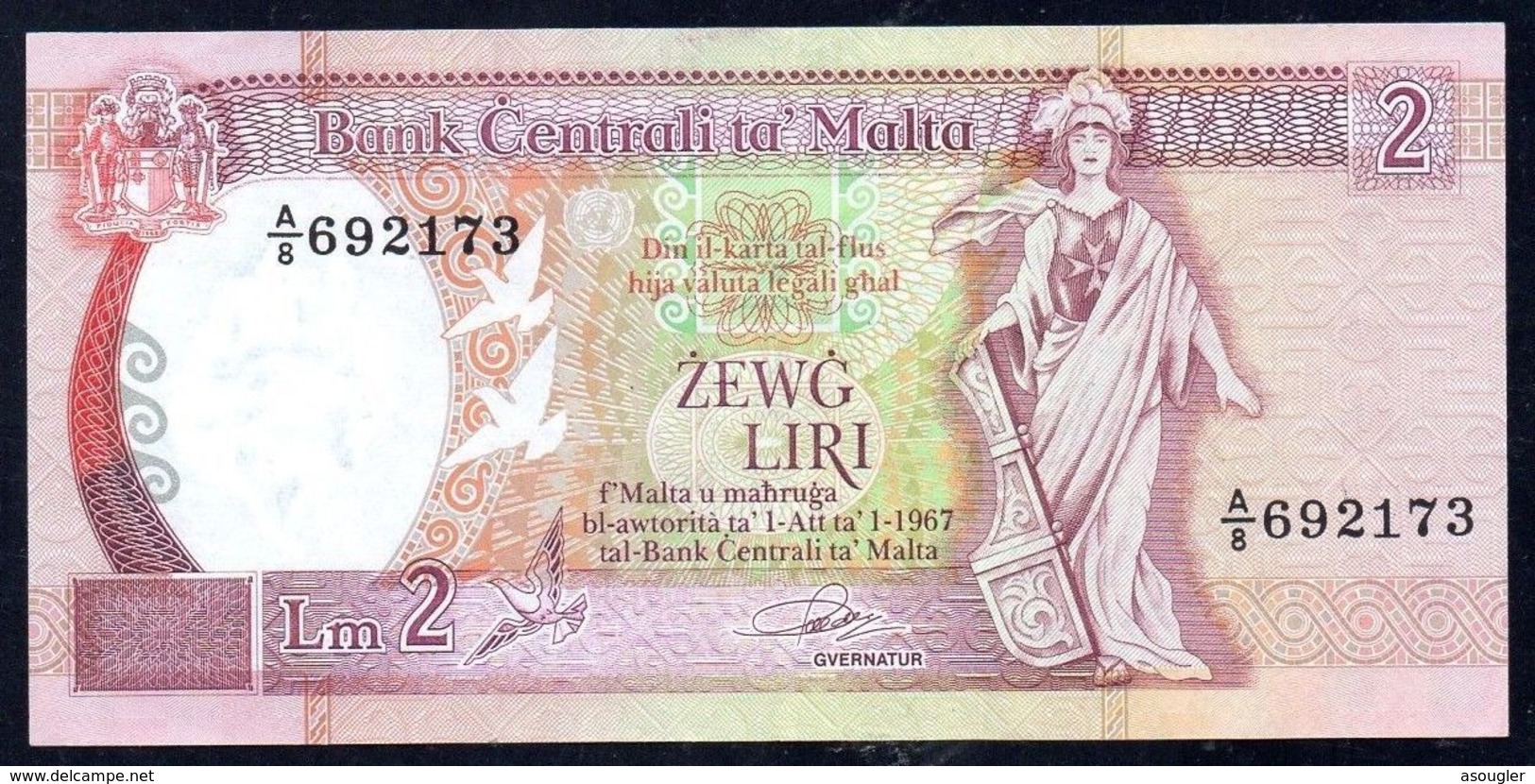 MALTA 2 LIRI LIRA 1989 P-41 VF-EXF "free Shipping Via Regular Air Mail. (buyer Risk)" - Malta