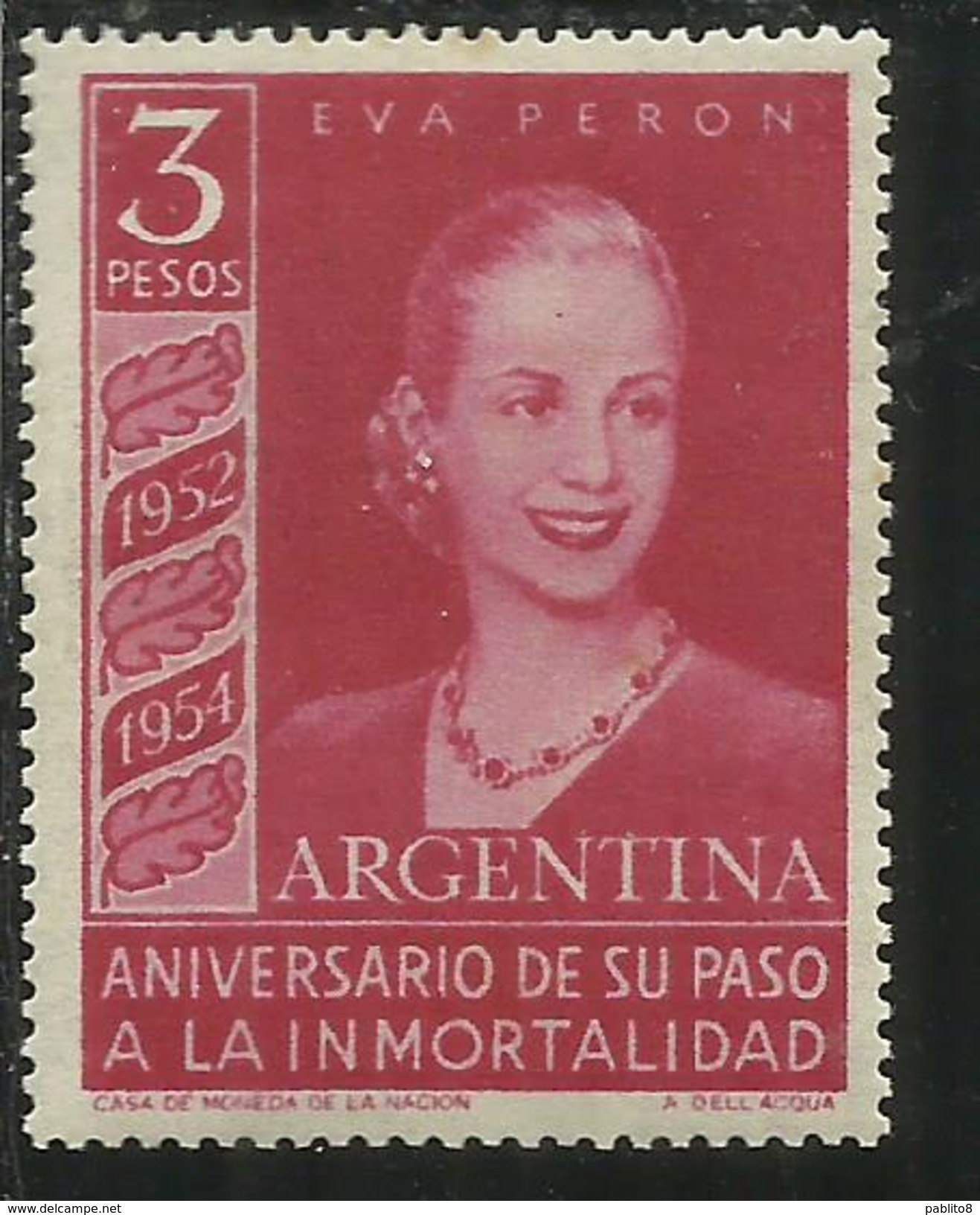 ARGENTINA 1954 EVA PERON 3 PESOS Watermarked "RA In Sun With Straight Rays" MNH - Nuovi