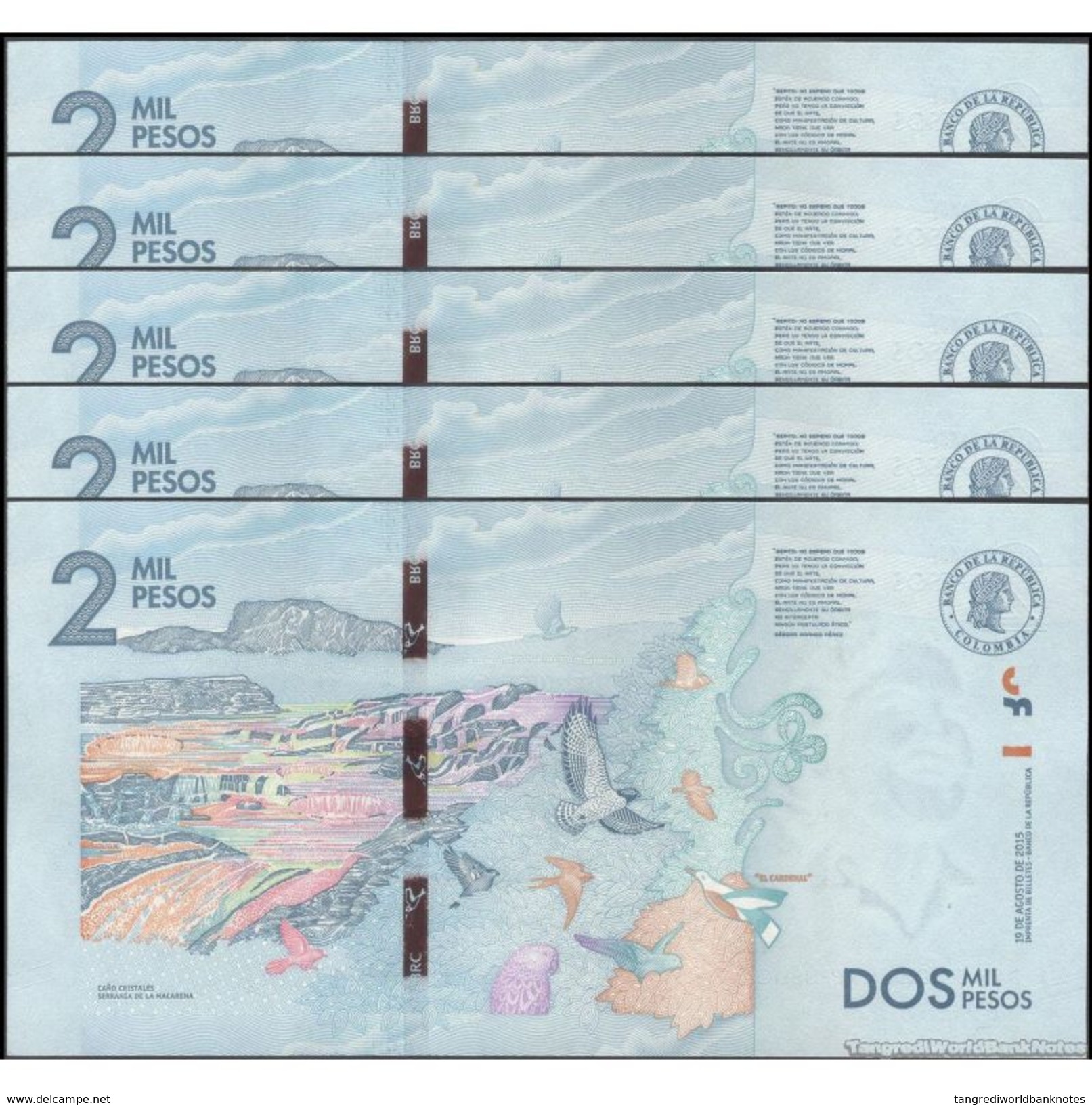 TWN - COLOMBIA NEW - 2000 2.000 Pesos 19.8.2015 (2016) Prefix AA UNC DEALERS LOT X 5 - Colombia