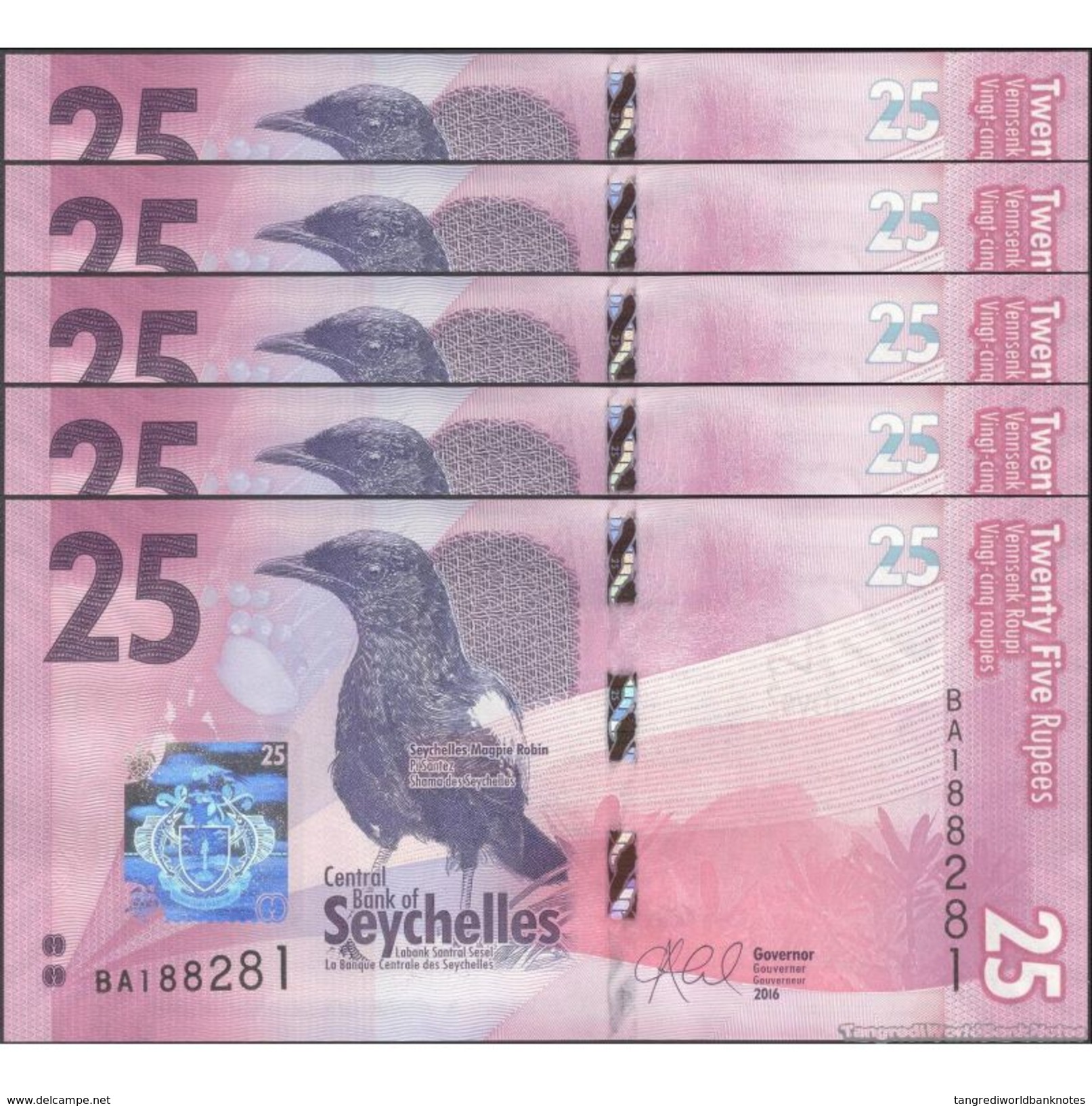 TWN - SEYCHELLES NEW - 25 Rupees 2016 Prefix BA UNC DEALERS LOT X 5 - Seychellen