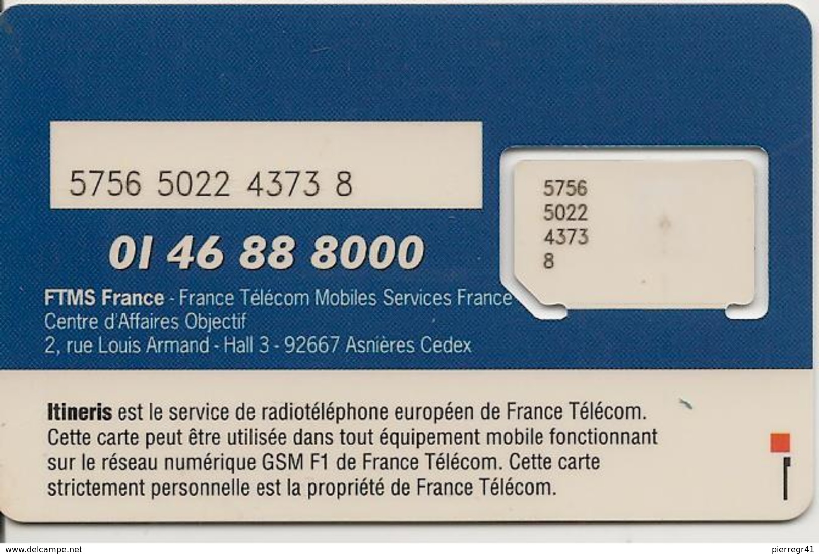 CARTE-GSM-PUCE-M-FTMS-ITINERIS-FF2L-D12-Ref-PHONECOTE 2005-V° BLEU-TBE-NEUVE-PUCE ATTACHEE-GARANTIE - Nachladekarten (Handy/SIM)
