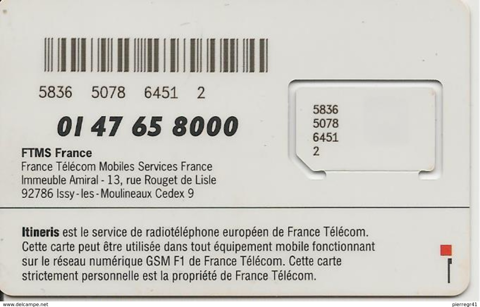 CARTE-GSM-PUCE-L-FTMS-ITINERIS-FF2L-D12-Ref-PHONECOTE 2005-V° BLANC-TBE-NEUVE-PUCE ATTACHEE-GARANTIE - Mobicartes (GSM/SIM)