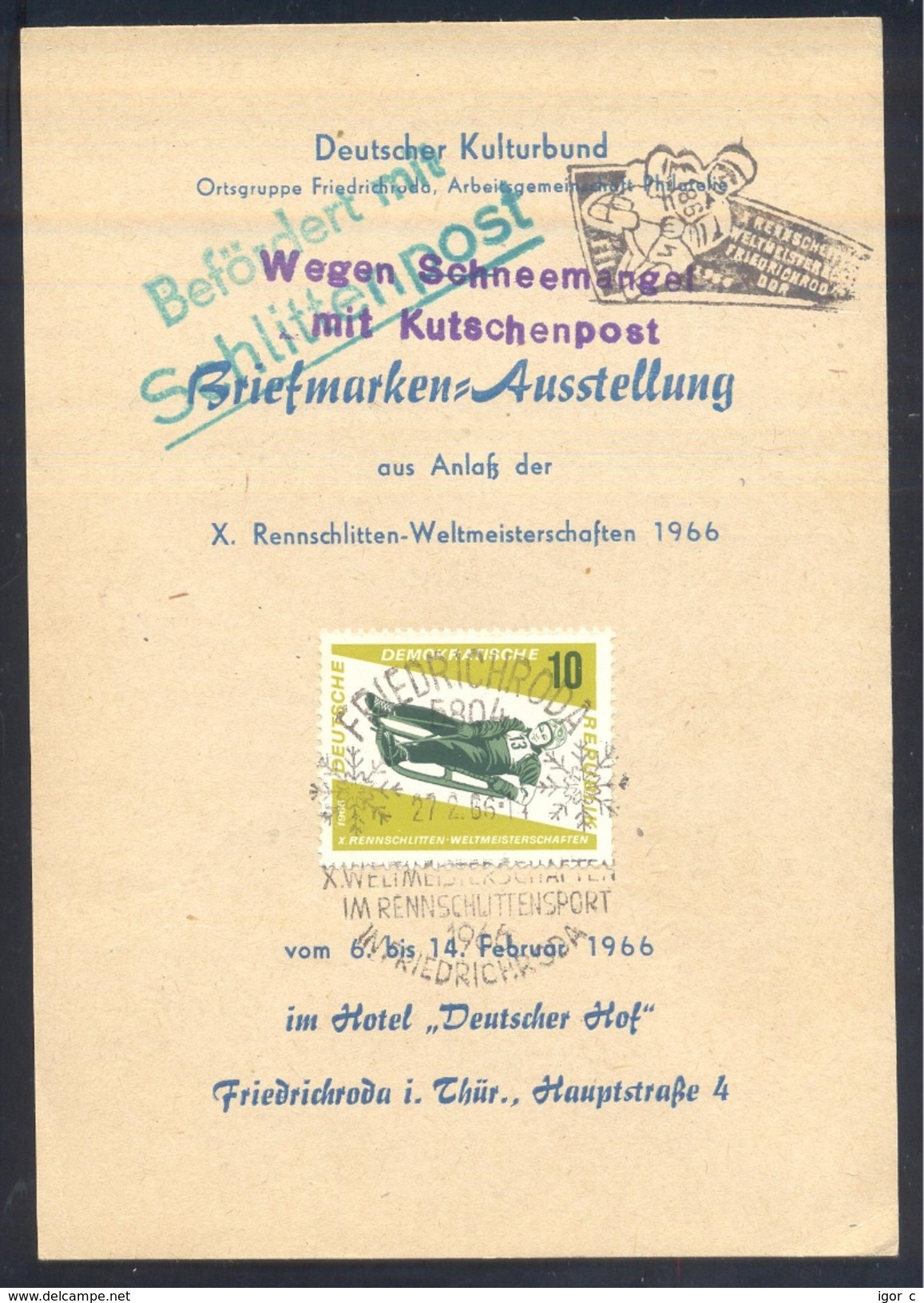 Germany Deutschland DDR 1966 Card: Luge Schlitten World Championship ; Schlitten Post, Kutschenpost; - Wintersport (Sonstige)