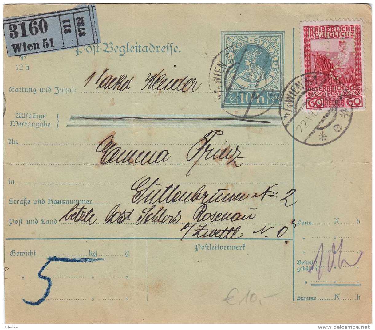 ÖSTERREICH 1914 - 10 H Ganzsache + 60 H Auf Paketkarte Gel.v. Wien &gt; Zwettl - Briefe U. Dokumente