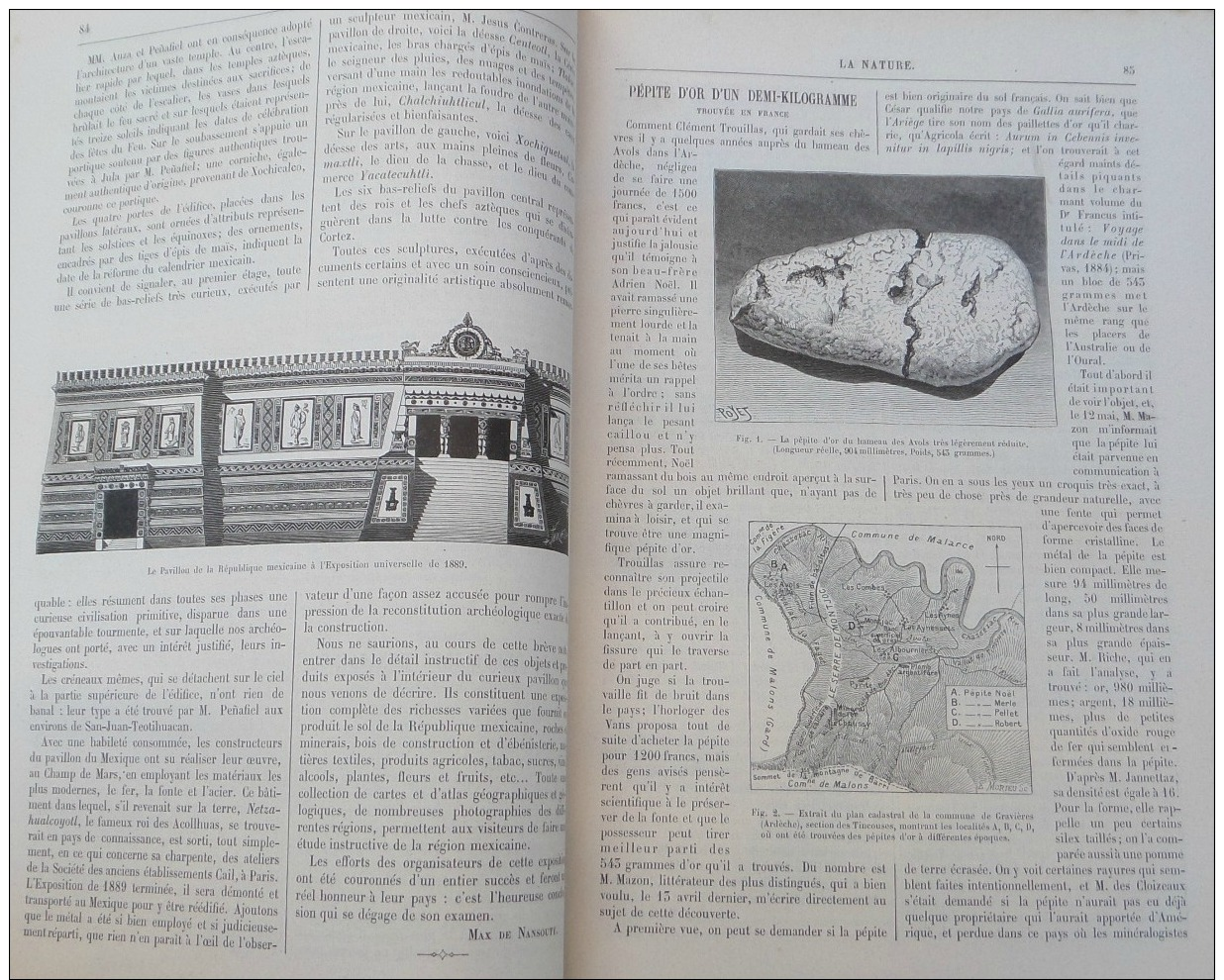 LA NATURE1889N°840:TROUVILLE NOUVELLE JETEE/EXPO.U.PAVILLON MEXIQUE-PEAUX-ROUGES/FRANCE PEPITE OR 1 KILO/FERRANTI - Zeitschriften - Vor 1900