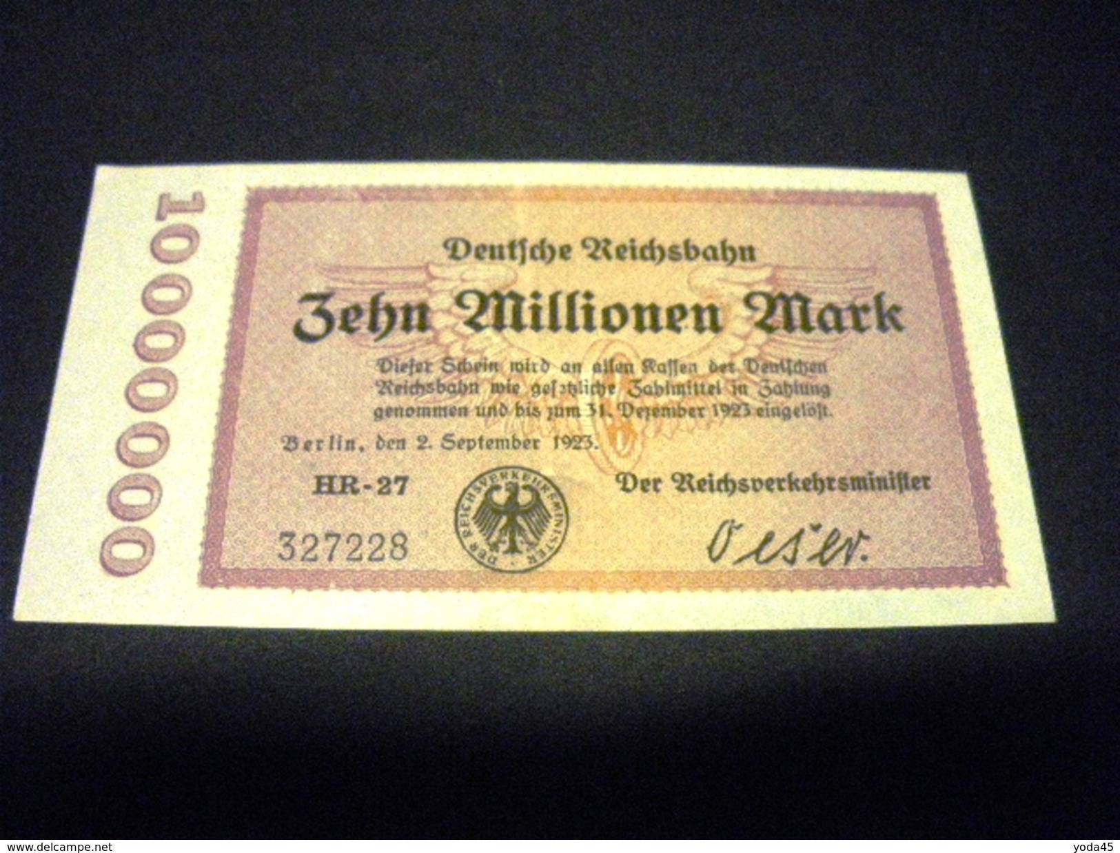 ALLEMAGNE 10 Millionen / 10000000 Mark 02/09/1923 , Pick N° S 1014  , GERMANY REICHSBAHN - 10 Millionen Mark