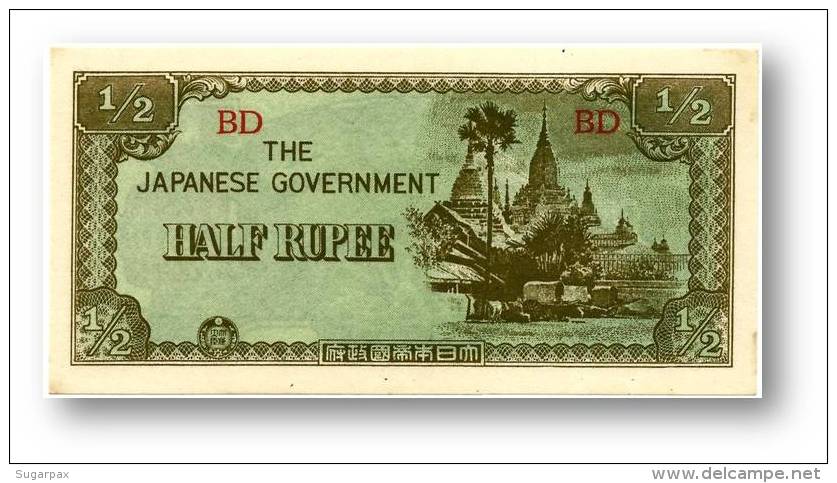 BURMA ( Now Myanmar ) - WWII - Japanese Occupation - 1/2 Rupee - ND ( 1942 ) - P 13.b - UNC. - Serie BD - Myanmar