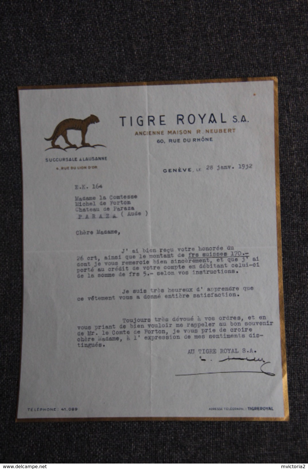 Lettre Ancienne - SUISSE - GENEVE, TIGRE ROYAL S.A - Switzerland