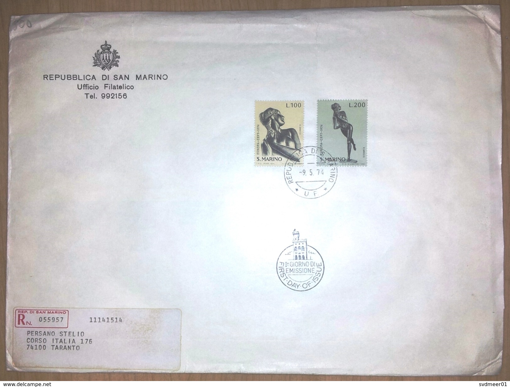 San Marino: Large Official Registered Cover, 1974, 2 Stamps, Europa CEPT, Statues Greco, Art, Sculptures (creases) - Covers & Documents