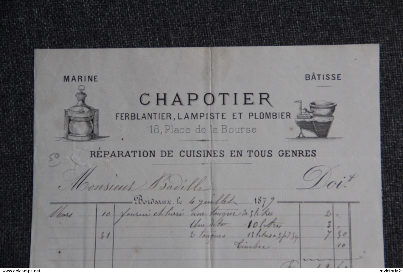 Facture Ancienne - BORDEAUX - Ferblantier, Lampiste Et Plombier, CHAPOTIER. - 1800 – 1899