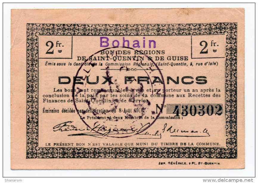 1914 - 1918 // REGION De ST QUENTIN &amp; GUISE // BOHAIN // Bon De 2 Francs - Bons & Nécessité