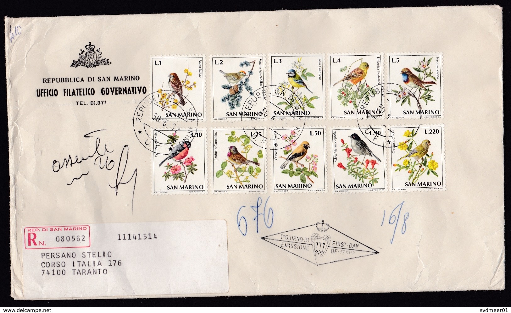 San Marino: Official Registered Cover, 1972, 10 Stamps, Bird Series, Wild Birds, Written Not At Home (minor Damage) - Lettres & Documents