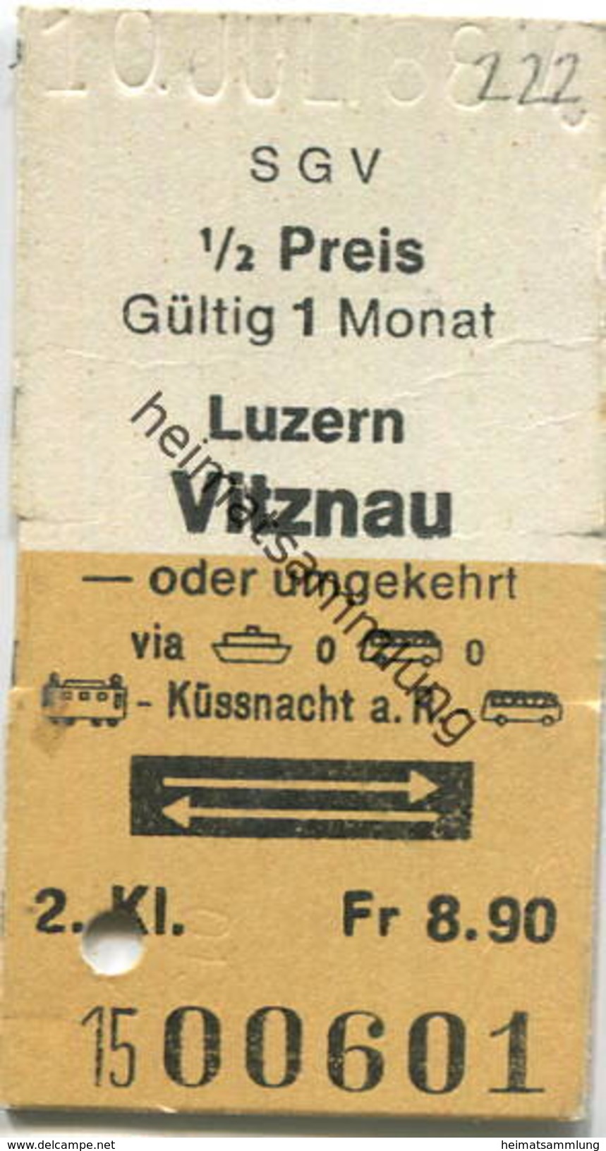 Schweiz - SGV Schifffahrtsgesellschaft Des Vierwaldstättersees - Luzern Vitznau Oder Umgekehrt - Fahrkarte 1988 - Europe