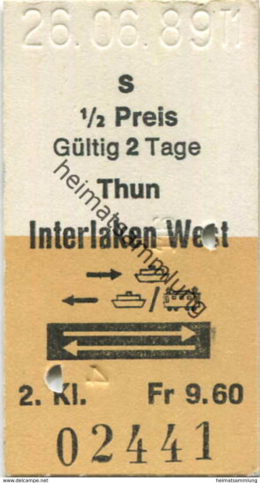 Schweiz - Thun Interlaken West Und Zurück - Fahrkarte 1989 - Europa