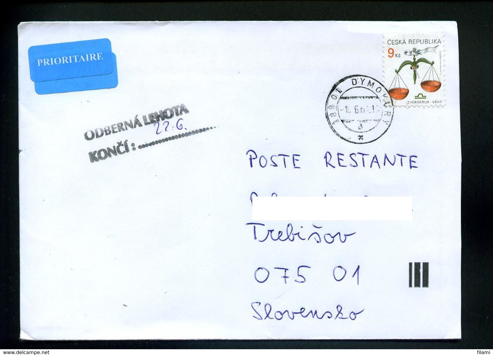 Marcophilie,science Physique,balance,griffe "delais De Retrait Termine" Sur Lettre Poste Restante Slovaquie,Dymokury - Physik