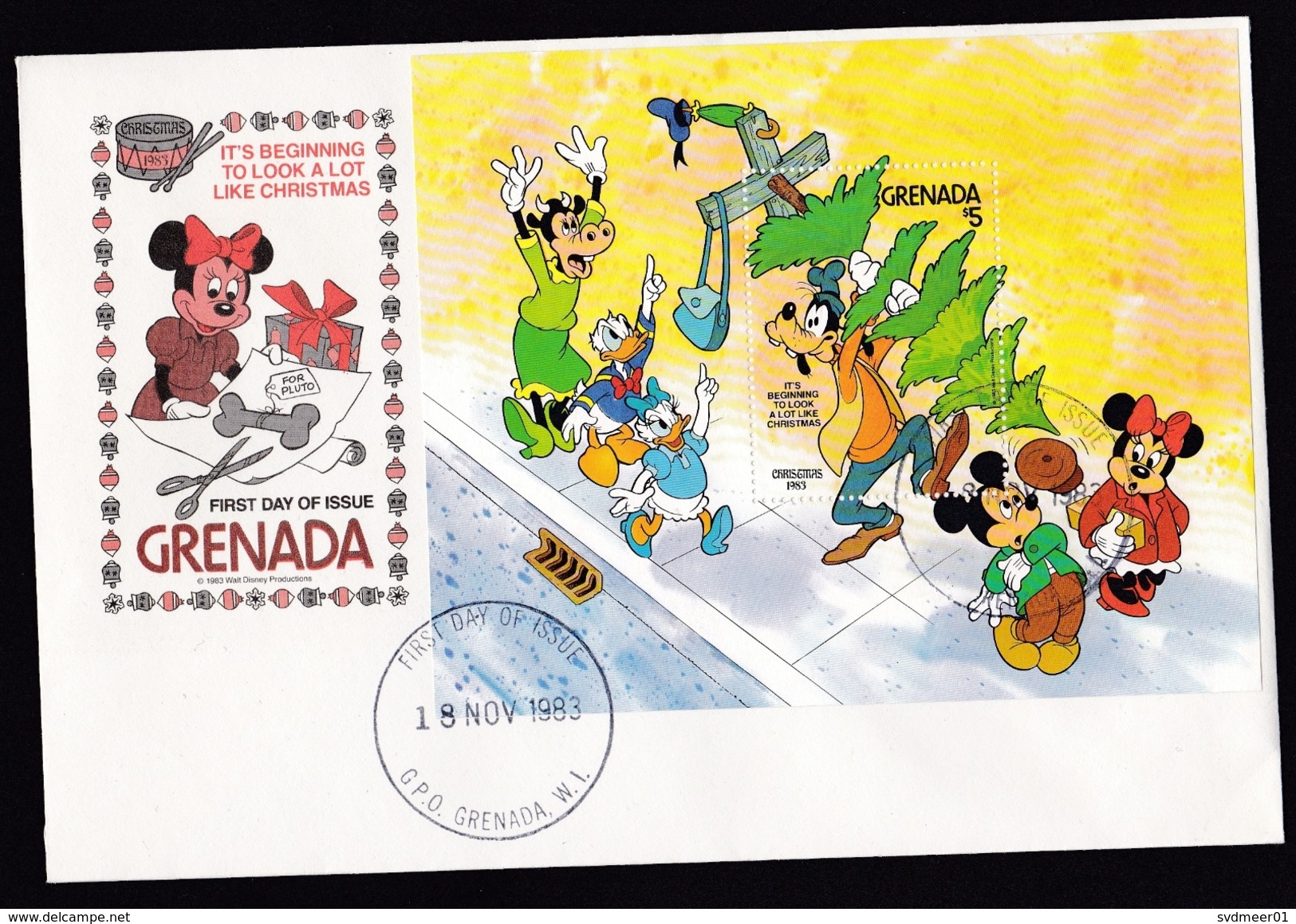 Grenada: FDC First Day Cover, 1983, Souvenir Sheet, Disney, Mickey Mouse, Donald Duck, Goofy, Christmas (traces Of Use) - Grenada (1974-...)