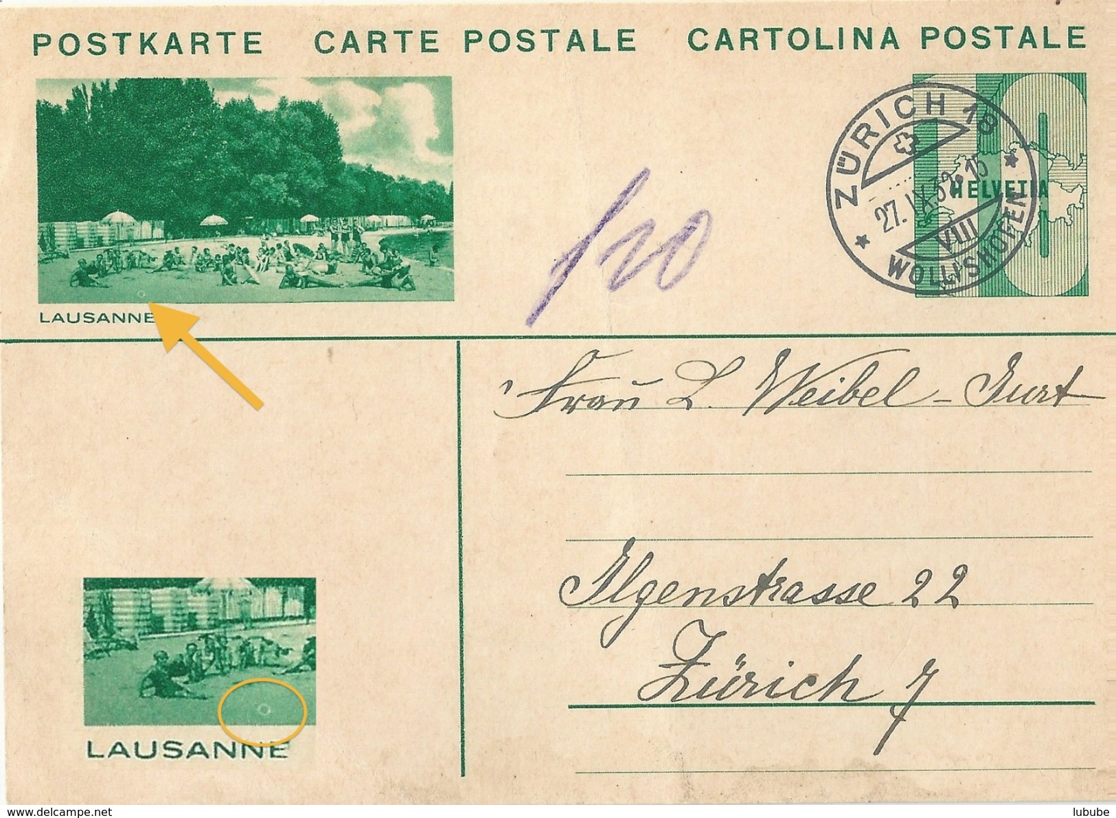 PK 128  "Lausanne" Zürich Wollishofen  (Druckabart)                 1932 - Interi Postali