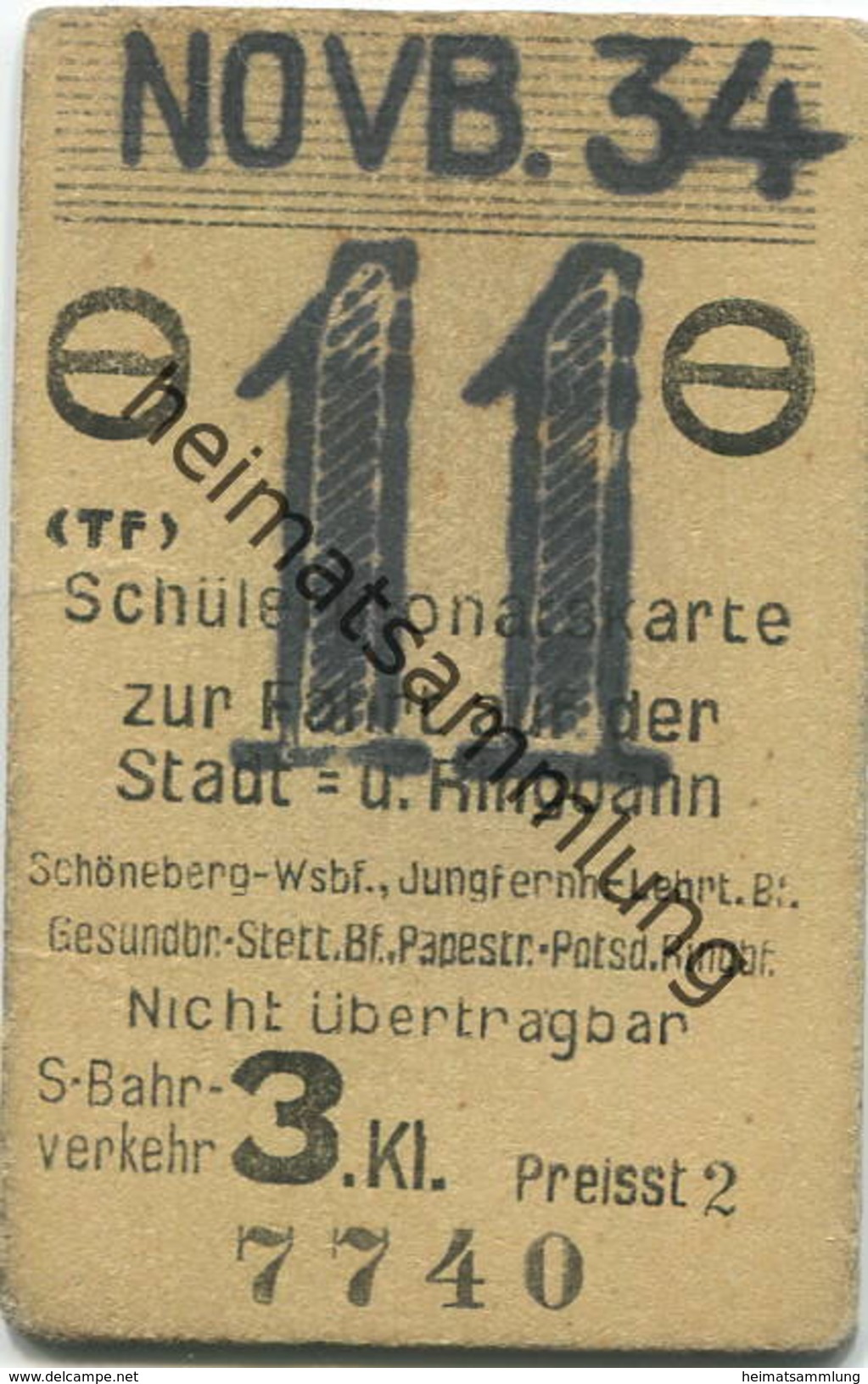 Deutschland - Berlin - Schülermonatskarte Zur Fahrt Auf Der Stadt- U. Ringbahn - S-Bahnverkehr 3. Kl. - Novb. 1934 - Europe