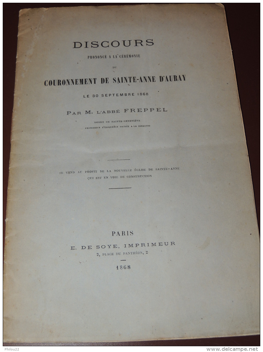 ABBE FREPPEL - Discours Couronnement De Saint-Anne D'Auray - Bretagne  1868 - 1801-1900
