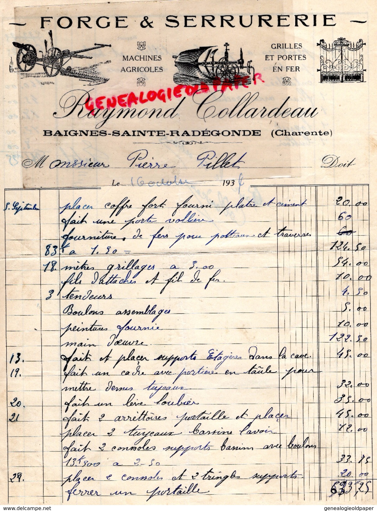 16 - BAIGNES SAINTE RADEGONDE- BELLE FACTURE RAYMOND COLLARDEAU- FORGE SERRURERIE- FORGERON- 1934 - Petits Métiers