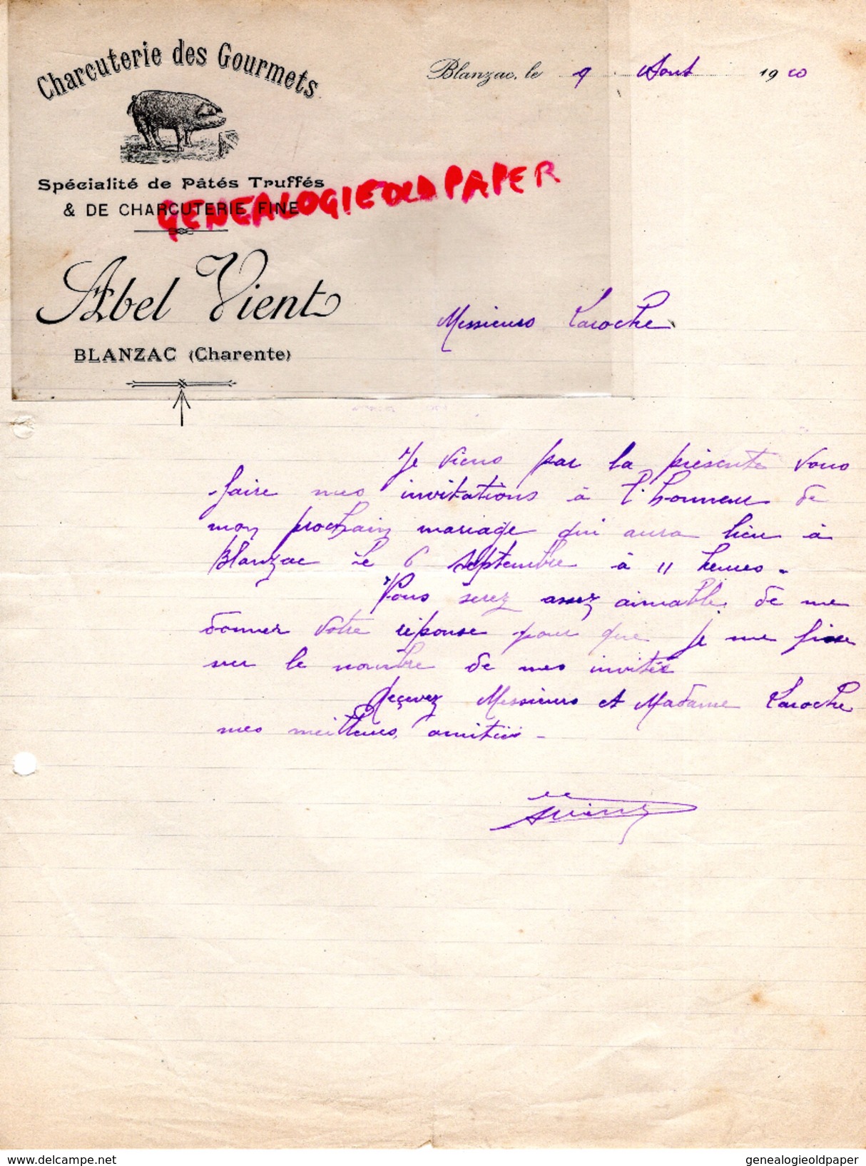 16 - BLANZAC - BELLE FACTURE CHARCUTERIE DES GOURMETS- ABEL VIENT - COCHON PORC- CHARCUTIER- 1910 - Petits Métiers
