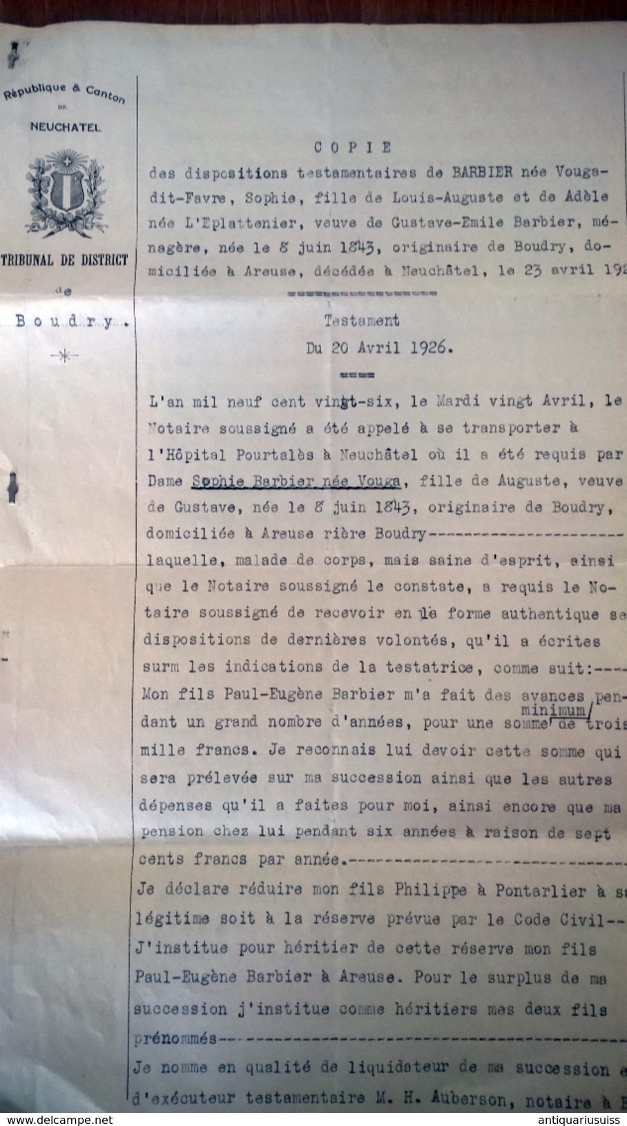 Testament 1926 - Timbre,  Freie Evangelische Gemeinden 1936/37 Timbre - Livret De Famille 1892-1912 ,Realgymnasium Basel - Documents Historiques