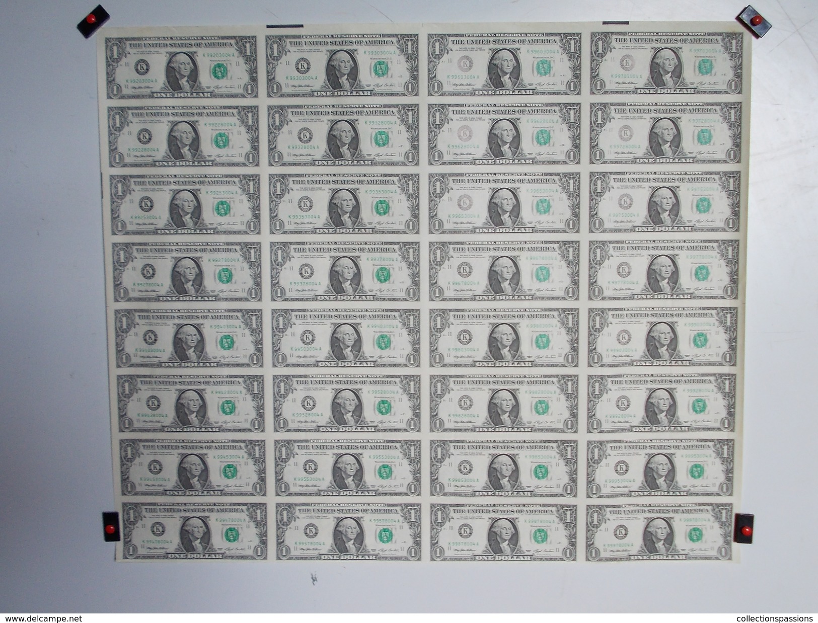 - RARE - USA - Planche Ou Feuille De 32 Billets De 1 Dollar 1993 - - Autres & Non Classés