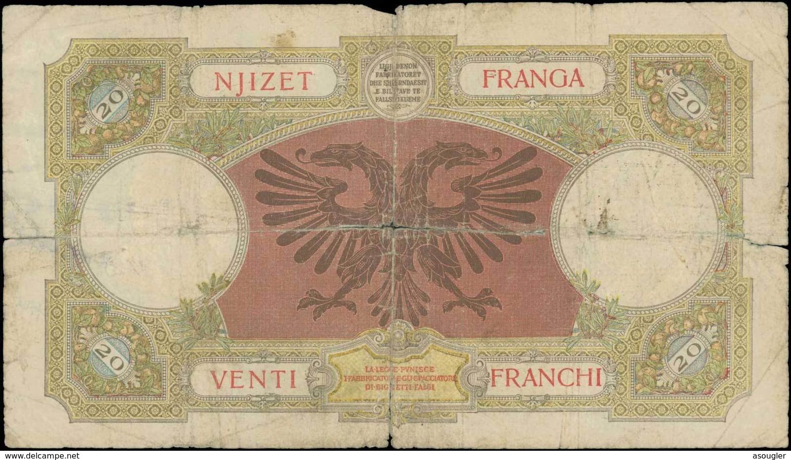 ALBANIA 20 Franka (ND 1945) (Pick 13). Poor - Albanien