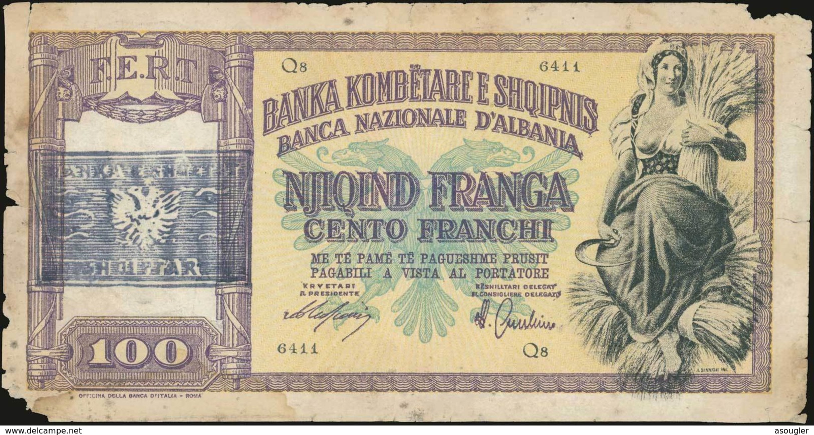 ALBANIA 100 Franka (ND 1945) (Pick 14). Poor. - Albania