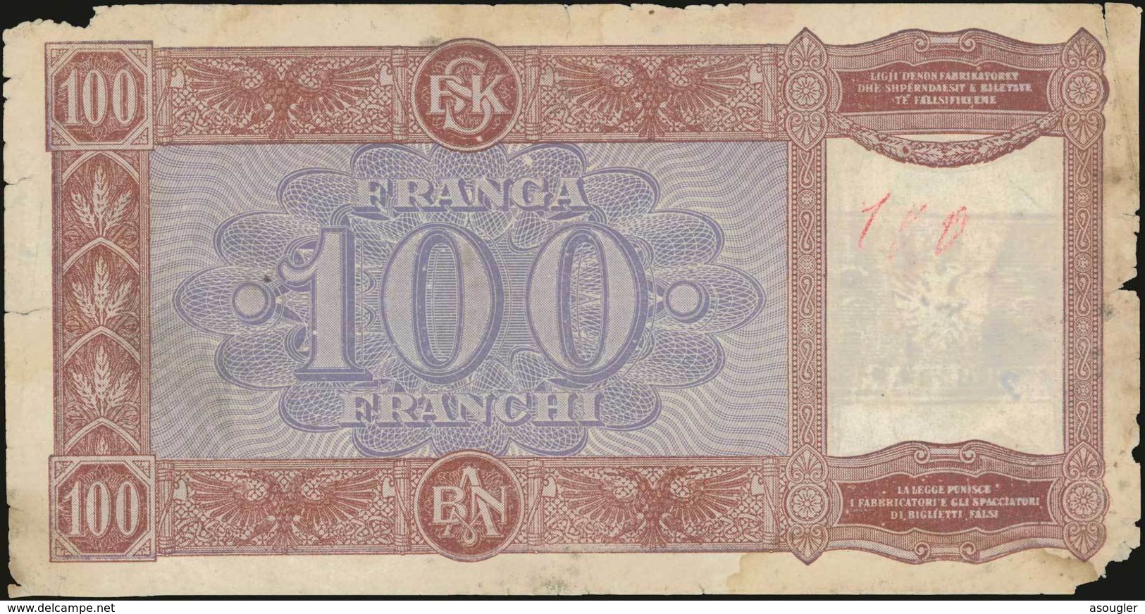 ALBANIA 100 Franka (ND 1945) (Pick 14). Poor. - Albanië