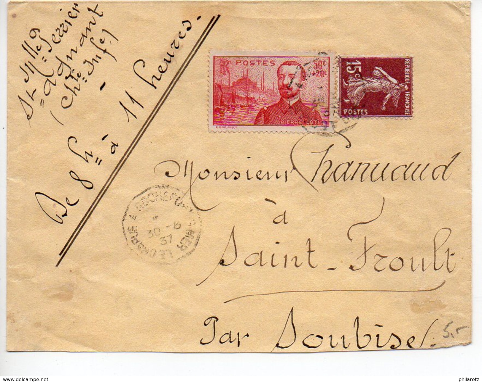 Lettre : Surtaxe Pierre Loti + Semeuse - Convoyeur 'Le Chapus à Rochefort Sur Mer' - 1921-1960: Modern Period