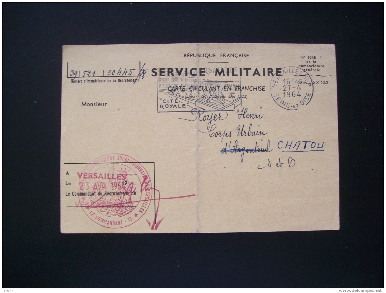 Carte Militaire- Titre De Libération Définitive Du Service Militaire - Versailles 1964 - Autres & Non Classés