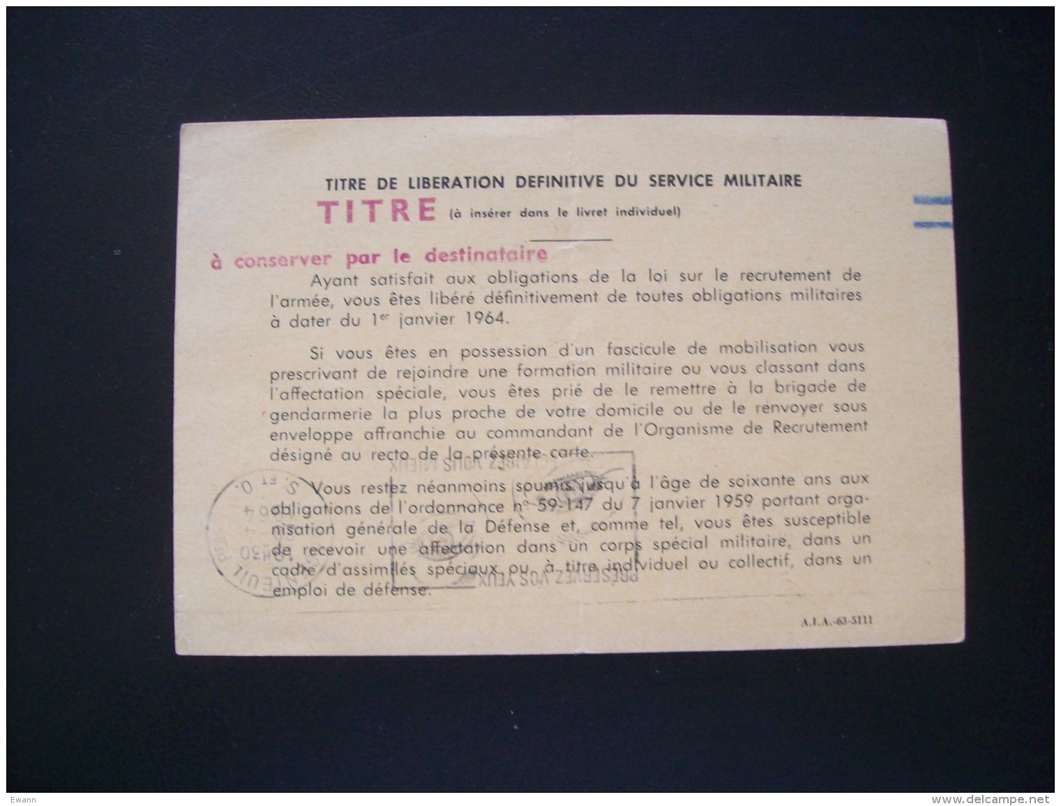 Carte Militaire- Titre De Libération Définitive Du Service Militaire - Versailles 1964 - Autres & Non Classés