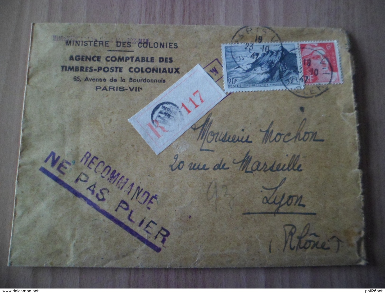Lettre Recommandée Paris Le 23/10/1947 Pour Lyon Les N° 721A Et 764   B/TB - 1921-1960: Modern Period