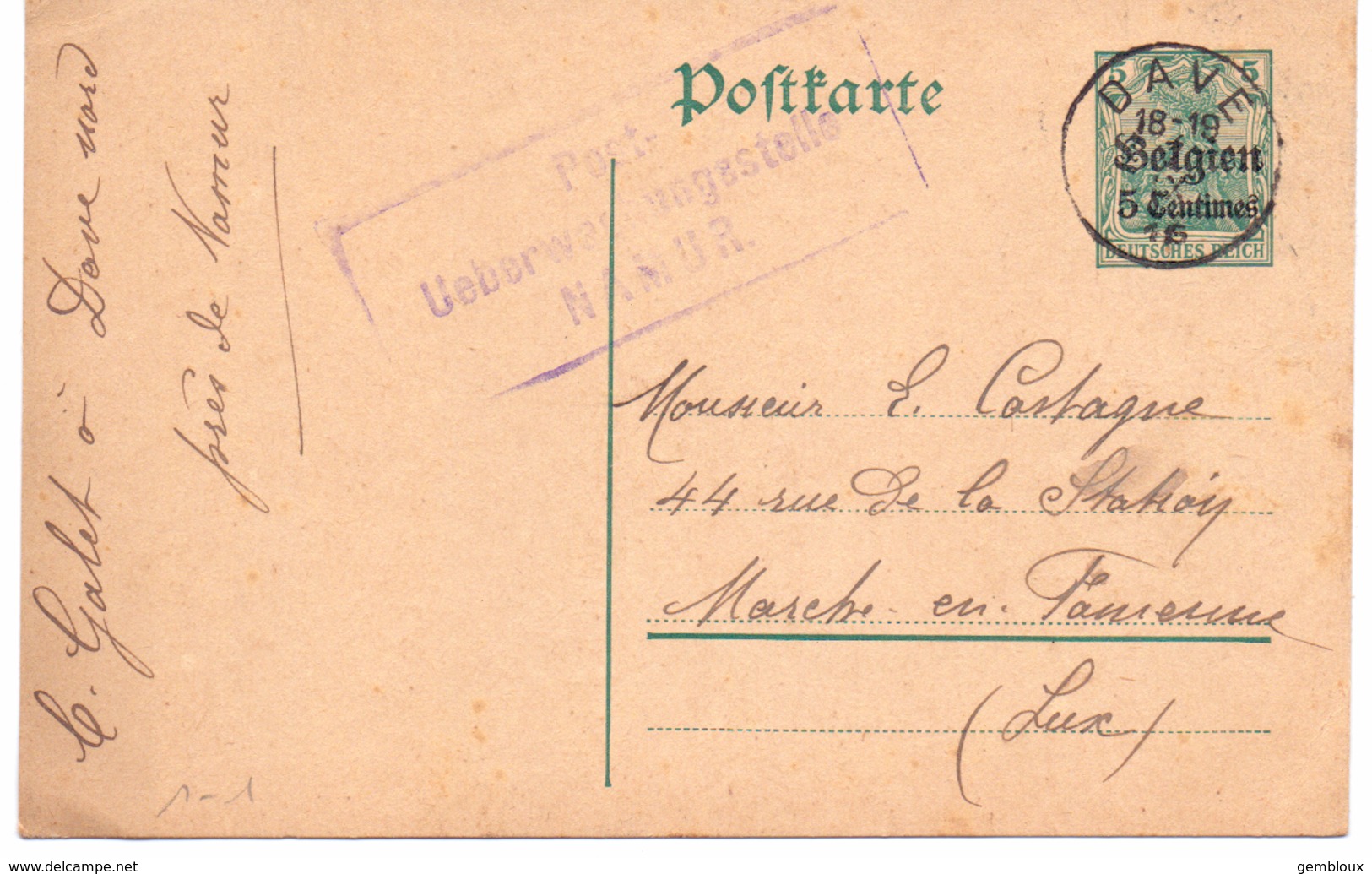 Belgique Carte Postale N° 1 Oblitérée Dave 1915 - Censure De Namur - German Occupation