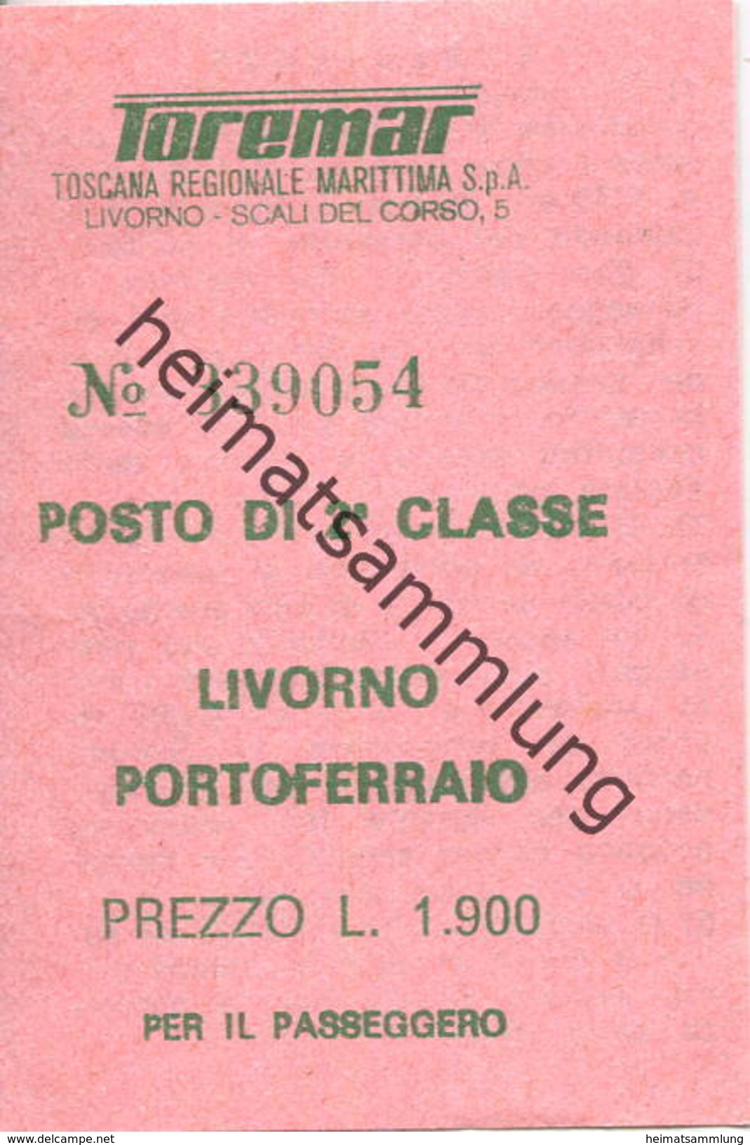 Italien - Livorno - Portoferraio - Fahrschein L. 1.900 - Europe