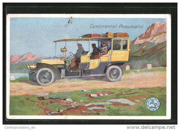 Lithographie Reisebus Auf Einer Bergstrasse, Reklame Continental-Pneumatic Reifen - Publicité