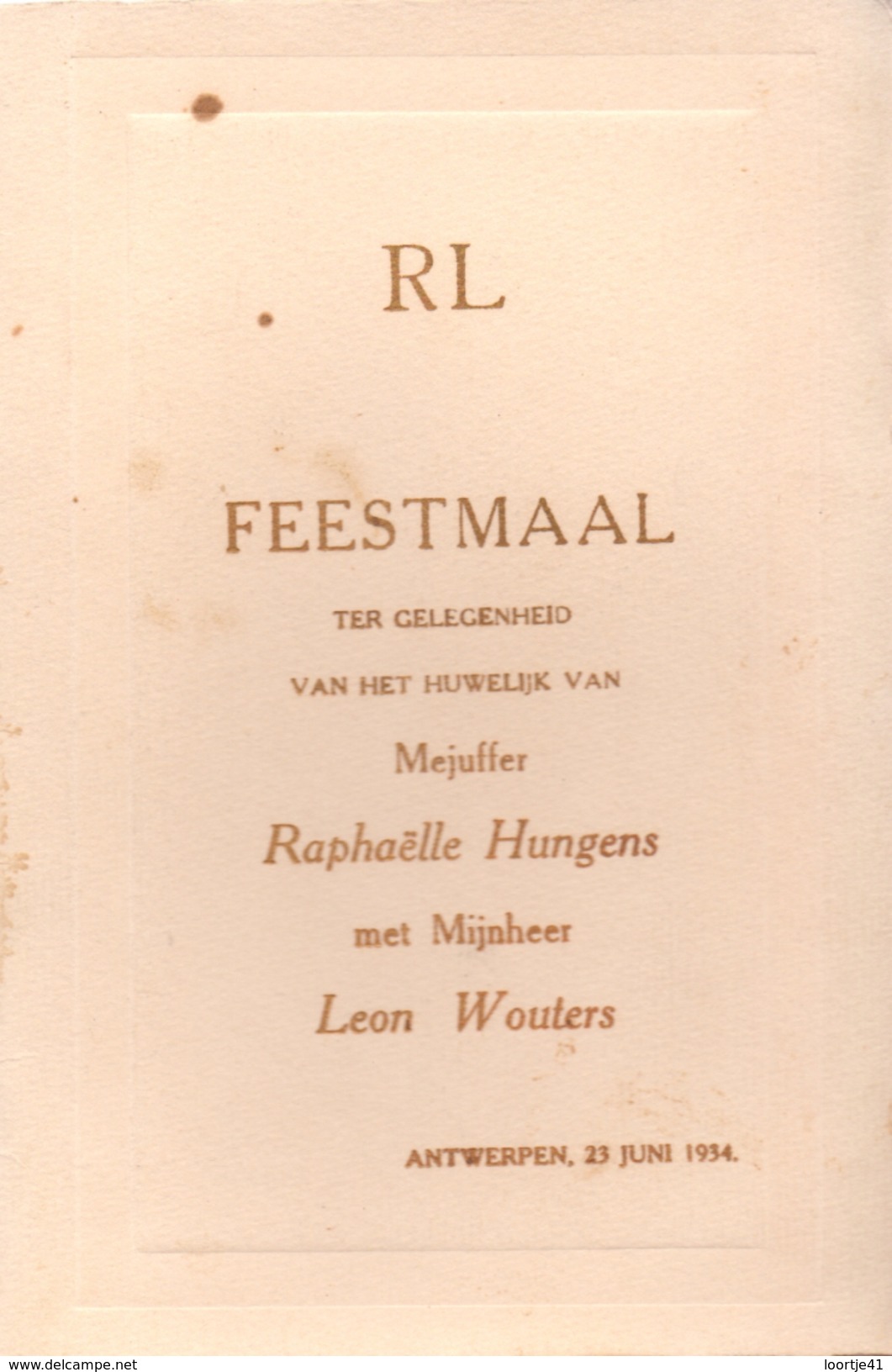 Menu - Feestmaal Huwelijk R. Hungens X Leon Wouters - Antwerpen 1934 - Menus