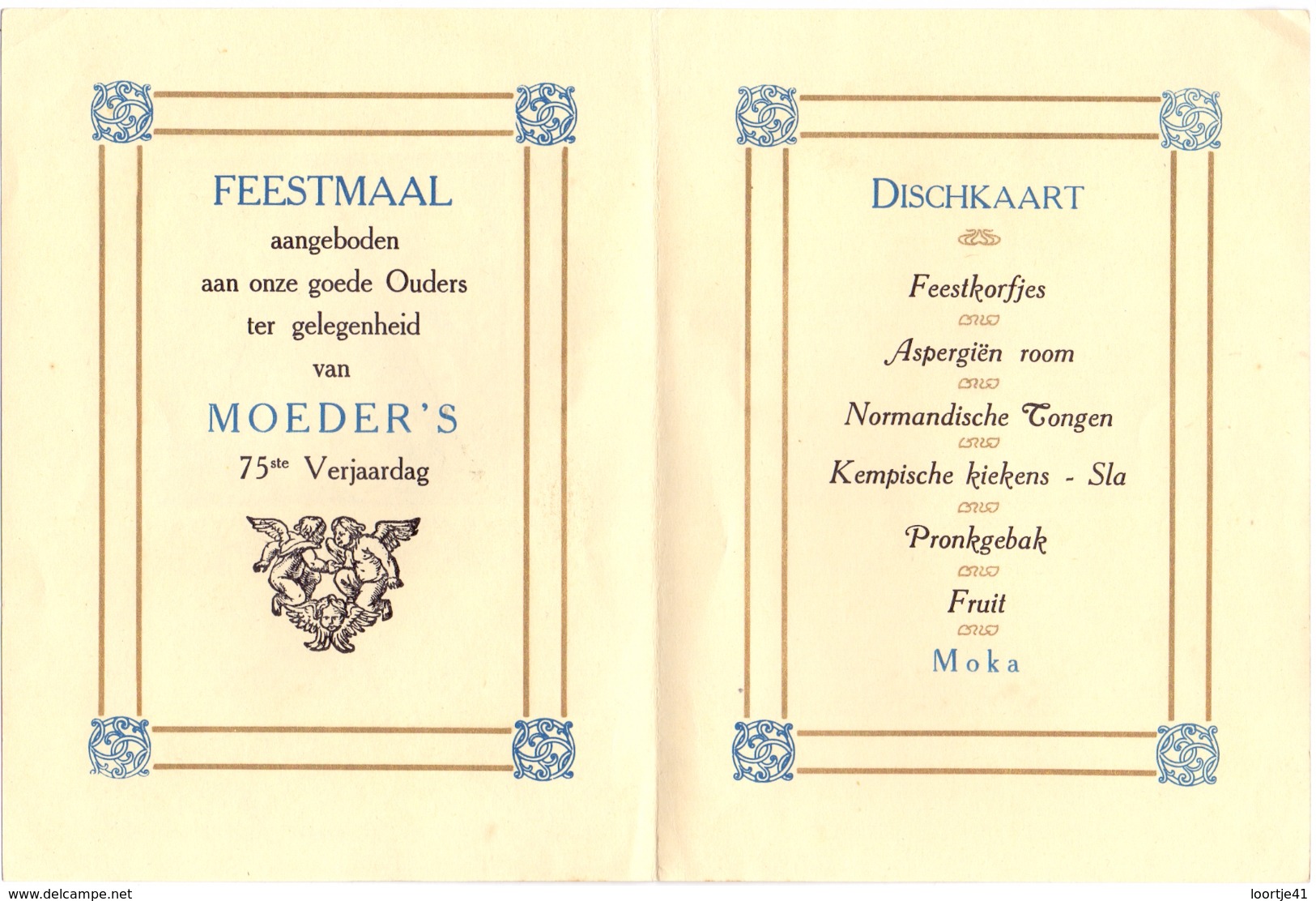 Menu - Feestmaal Moeders 75° Verjaardag - Westmalle 22 Oktober 1939 - Menus