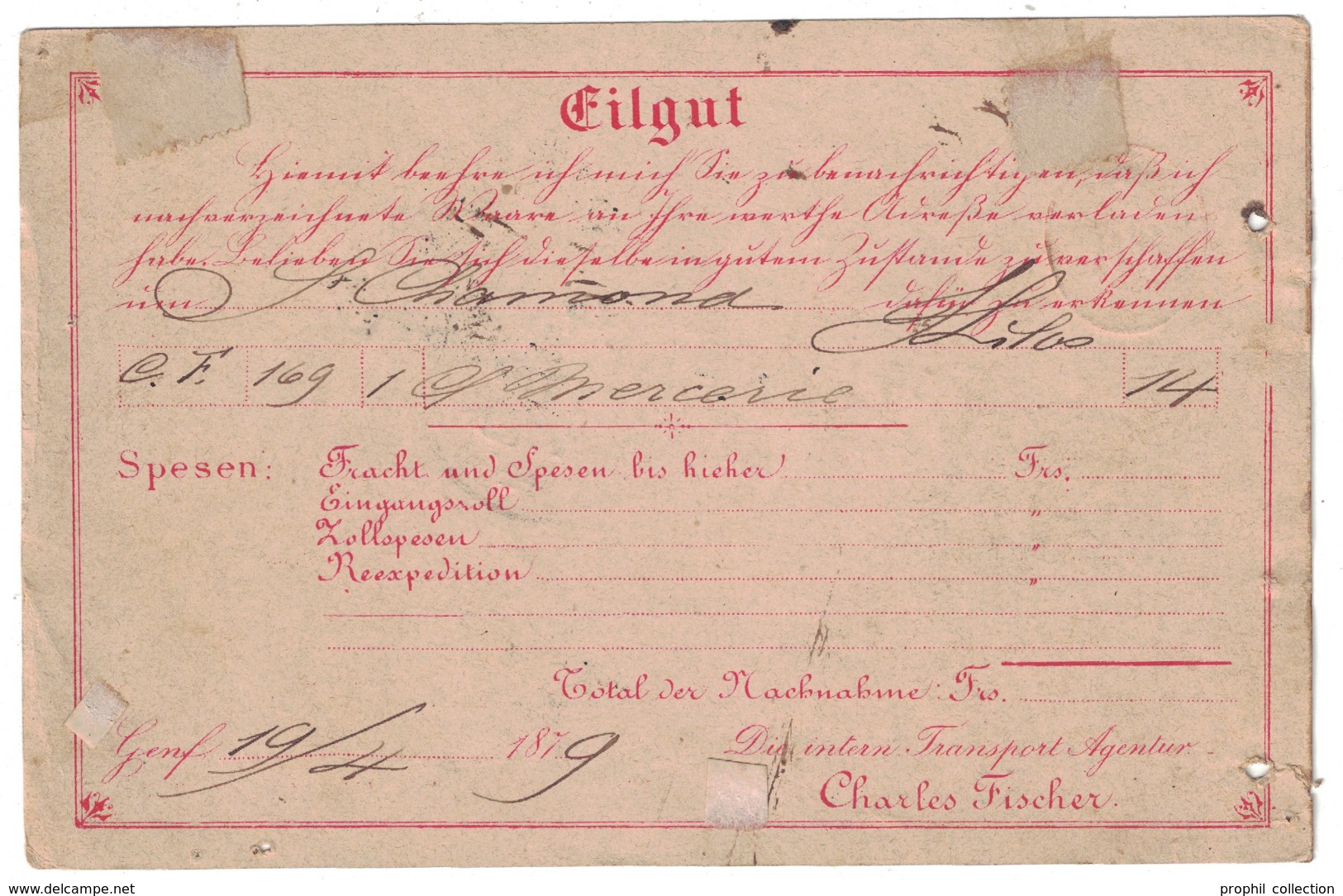 1879 - REPIQUAGE "CHARLES FISCHER" Sur CARTE CORRESPONDANCE ENTIER POSTAL EILGUT POUR MOSCOU RUSSIE URSS - Briefe U. Dokumente